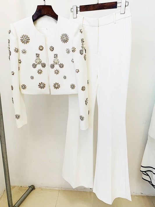 SET043 Women Embellished Blazer and Flare Pants Set: English / White / L