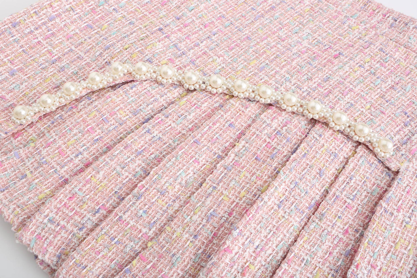 SET003 Co-ord Set Women 3 Pieces Pink Tweed Skirt Set: Pink / L