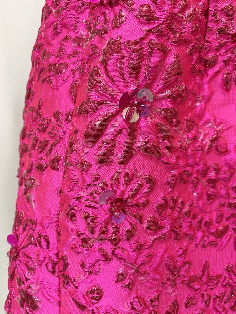 DR071 Jacquard Beading Short-sleeved Dress: English / Fushcia / XL