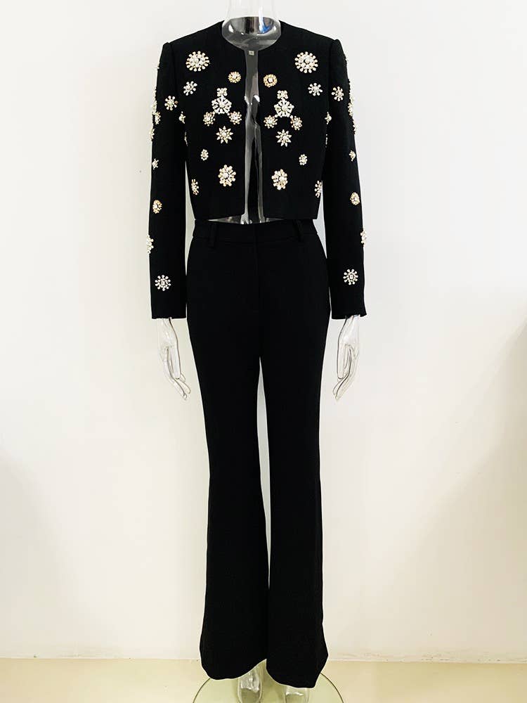 SET043 Women Embellished Blazer and Flare Pants Set: English / White / L