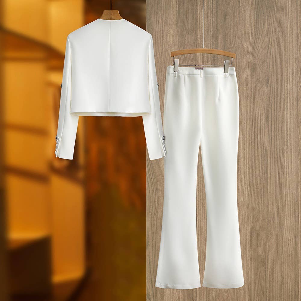 SET043 Women Embellished Blazer and Flare Pants Set: English / White / L