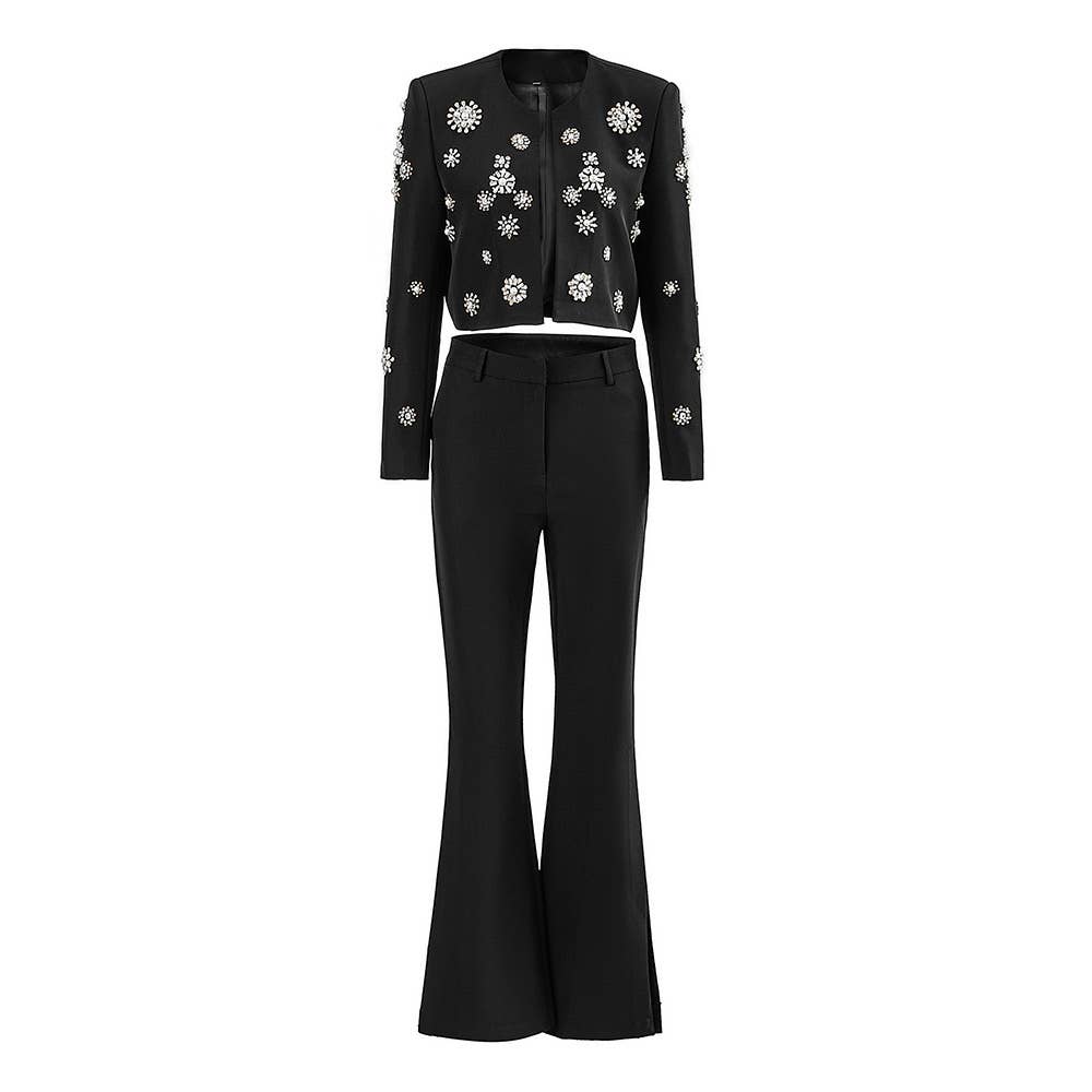 SET043 Women Embellished Blazer and Flare Pants Set: English / White / L