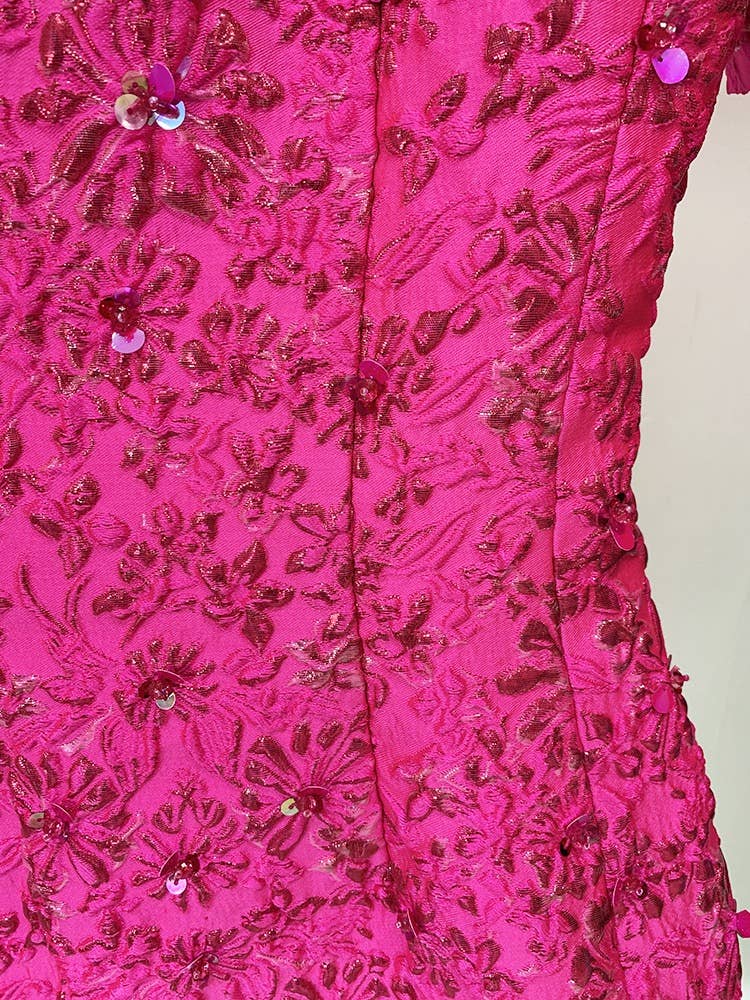 DR071 Jacquard Beading Short-sleeved Dress: English / Fushcia / XL