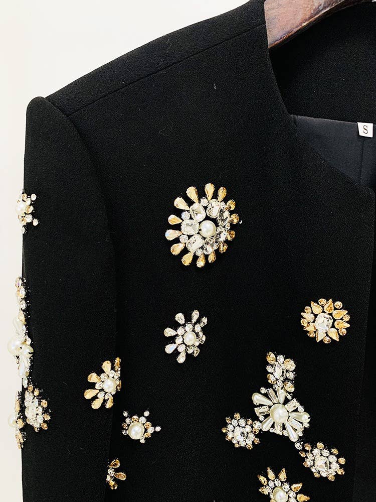 SET043 Women Embellished Blazer and Flare Pants Set: English / White / L