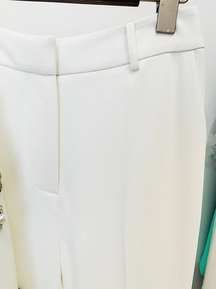 SET043 Women Embellished Blazer and Flare Pants Set: English / White / L
