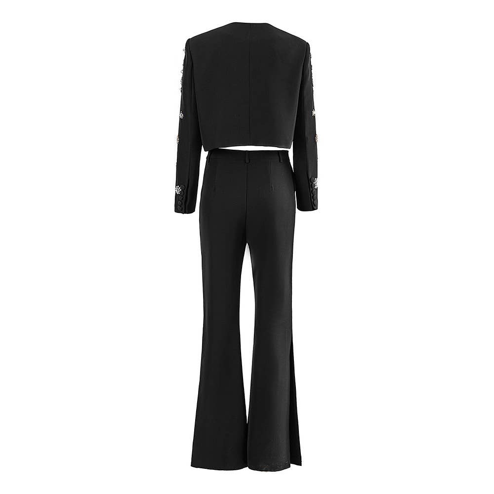 SET043 Women Embellished Blazer and Flare Pants Set: English / White / L