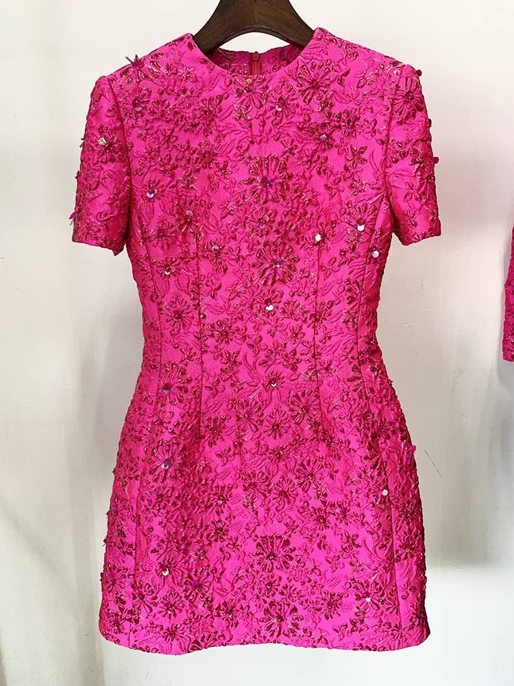 DR071 Jacquard Beading Short-sleeved Dress: English / Fushcia / XL