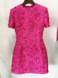 DR071 Jacquard Beading Short-sleeved Dress: English / Fushcia / XL