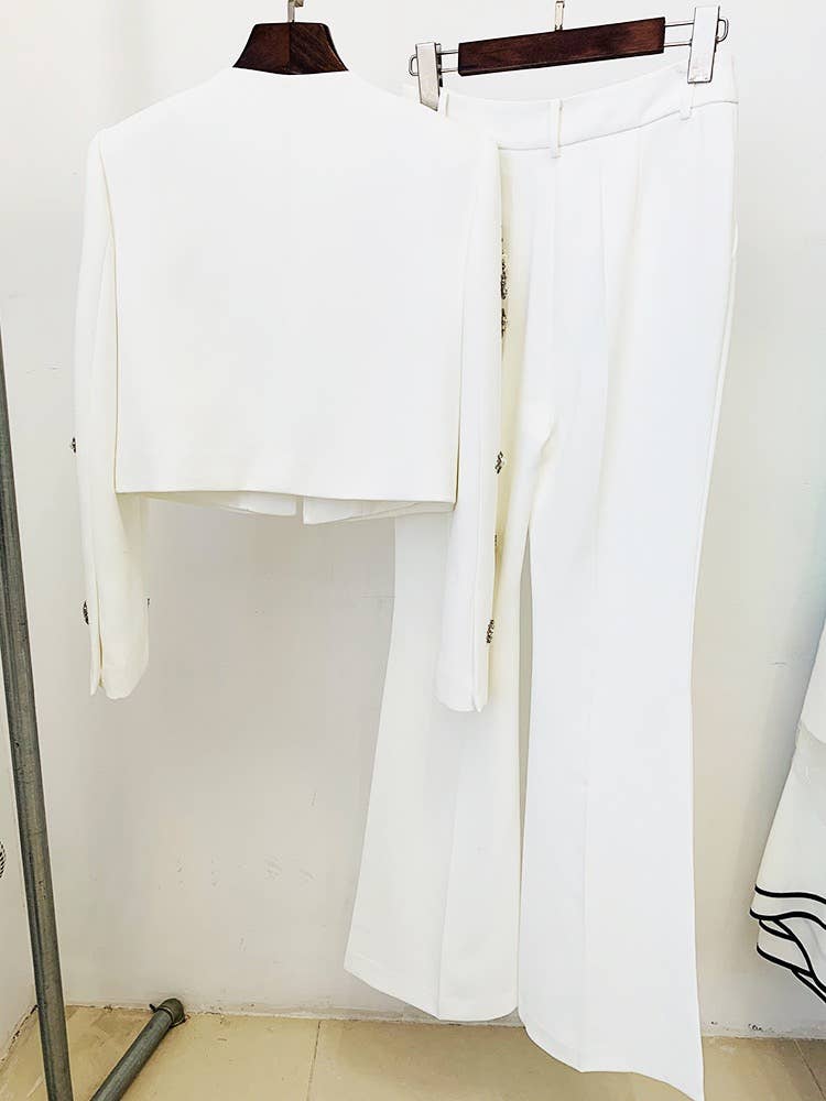 SET043 Women Embellished Blazer and Flare Pants Set: English / White / L