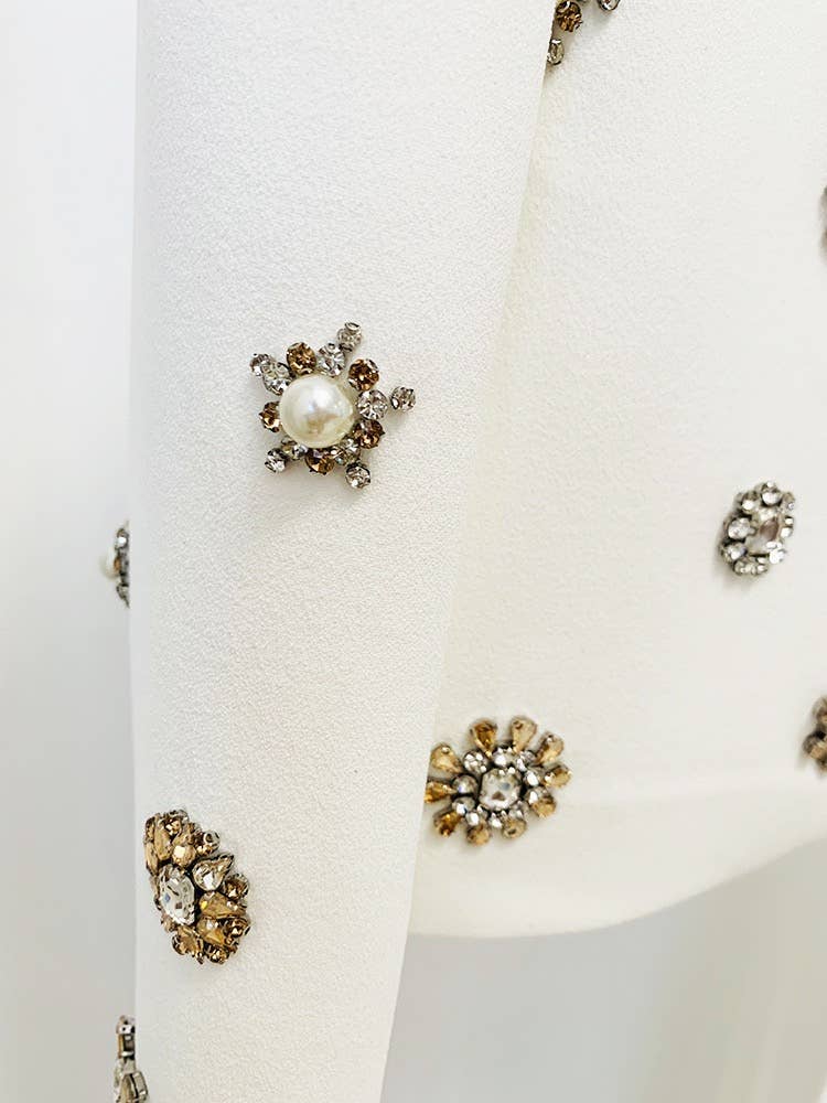 SET043 Women Embellished Blazer and Flare Pants Set: English / White / L