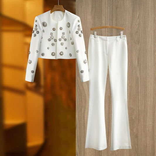 SET043 Women Embellished Blazer and Flare Pants Set: English / White / L