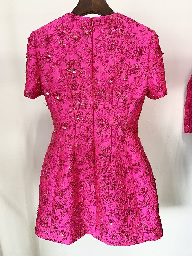 DR071 Jacquard Beading Short-sleeved Dress: English / Fushcia / XL