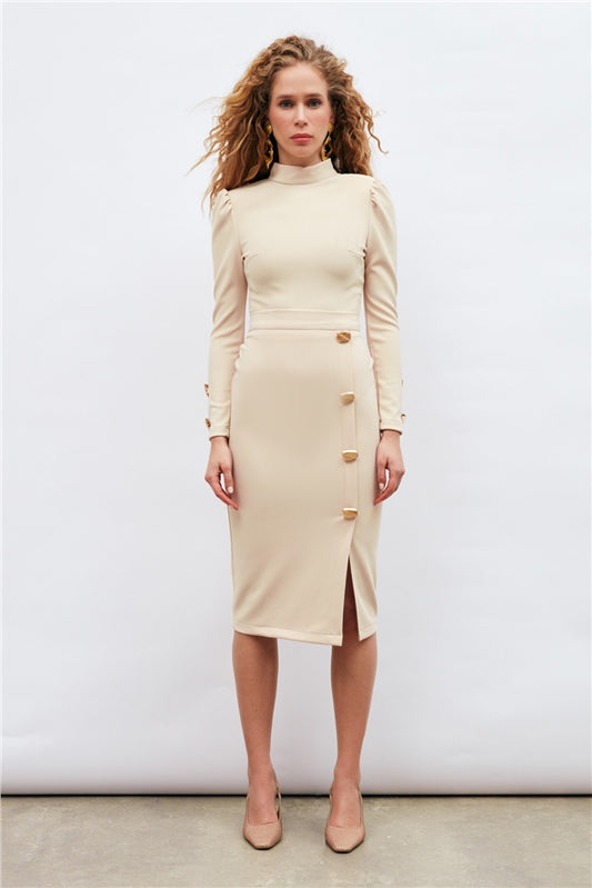 Model with beige pencil skirt, full view