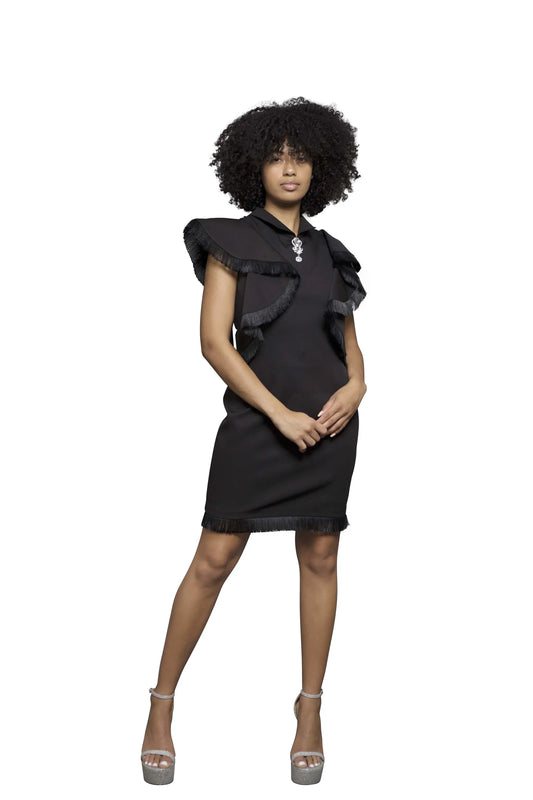model wearing black short dress, full view 2