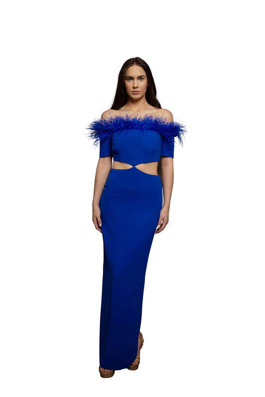 Woman wearing blue feathered dress