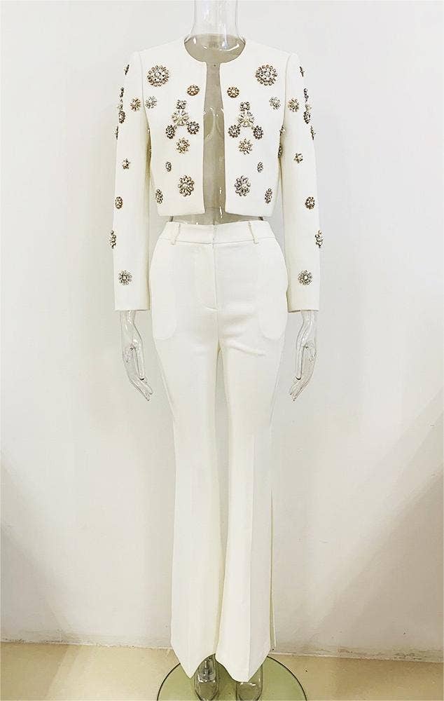 SET043 Women Embellished Blazer and Flare Pants Set: English / White / L
