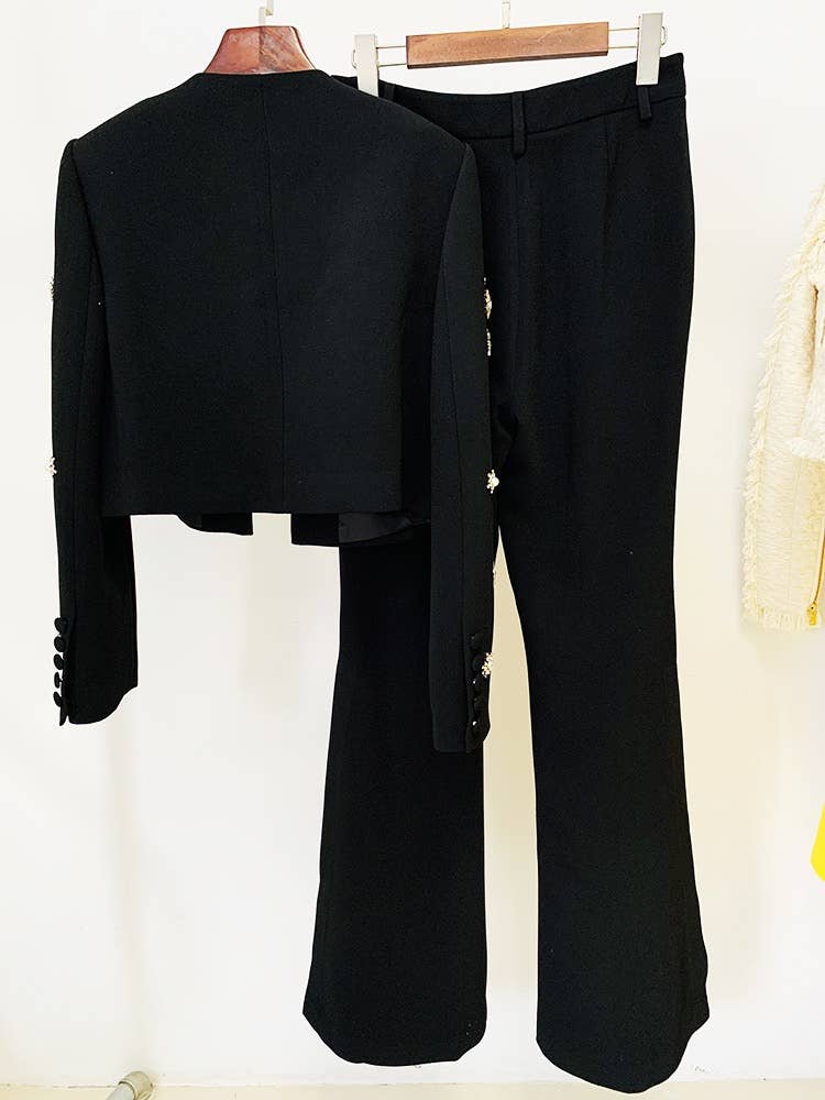 SET043 Women Embellished Blazer and Flare Pants Set: English / White / L