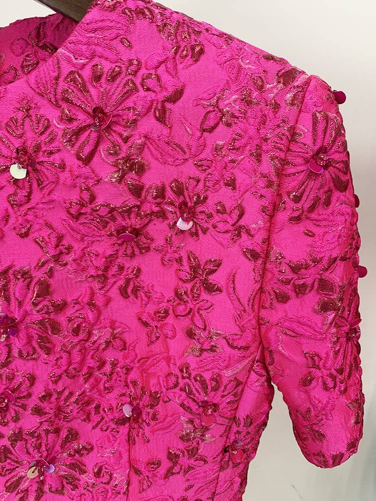 DR071 Jacquard Beading Short-sleeved Dress: English / Fushcia / XL