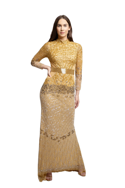 Sparkling gold long dress, full view