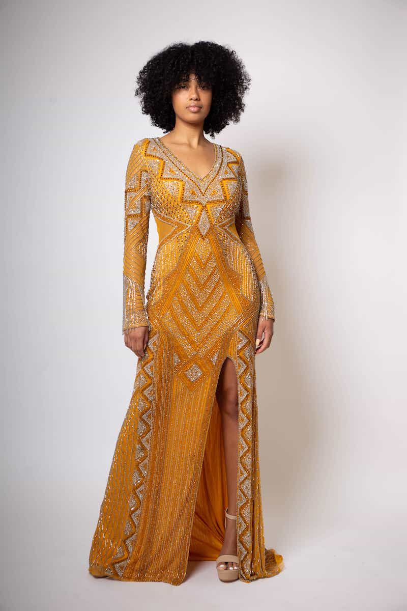 woman with long golden dress