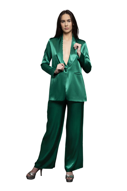Woman with a green shiny jacket, full size