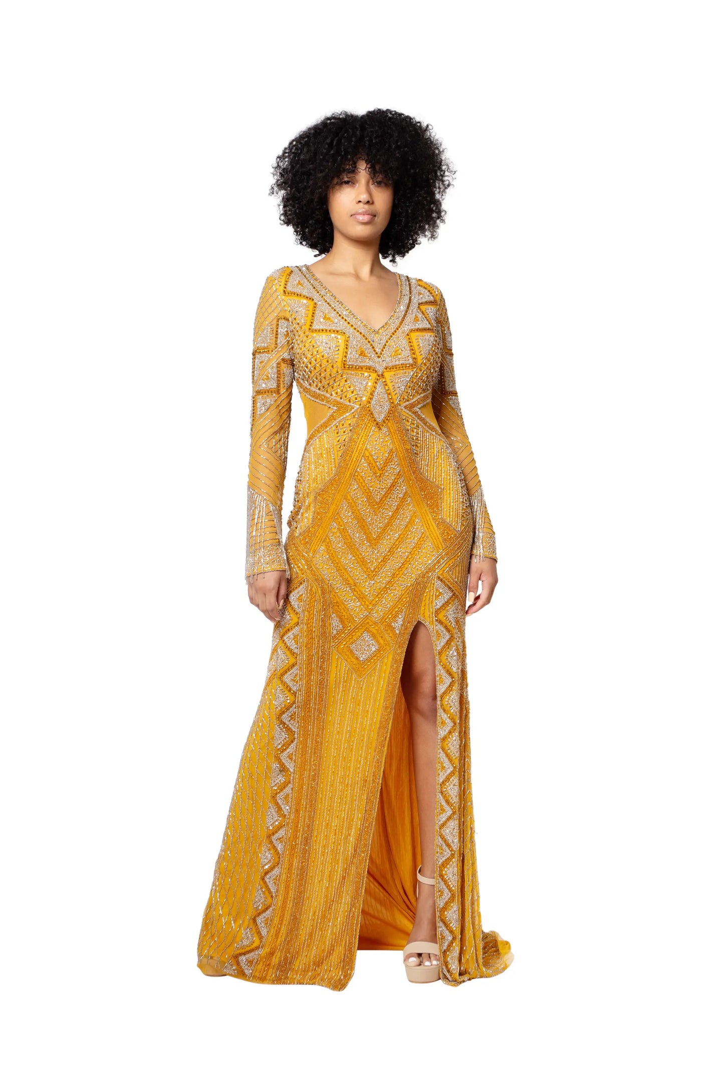 Honey mustard colored, long dress, full view