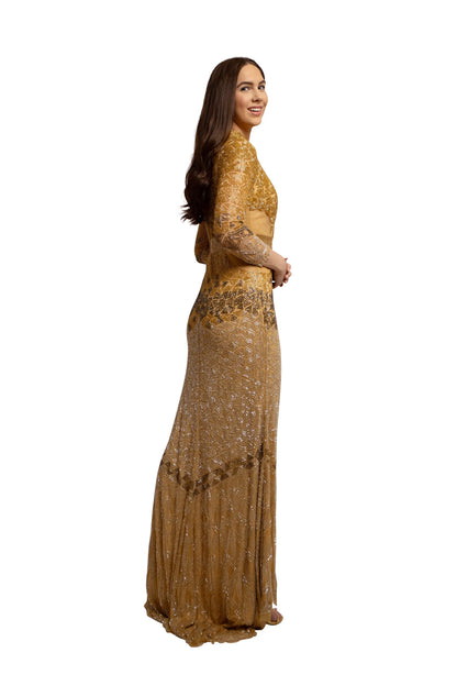 Sparkling gold long dress, side view
