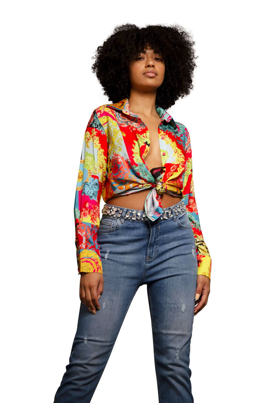 model wearing multi color blouse