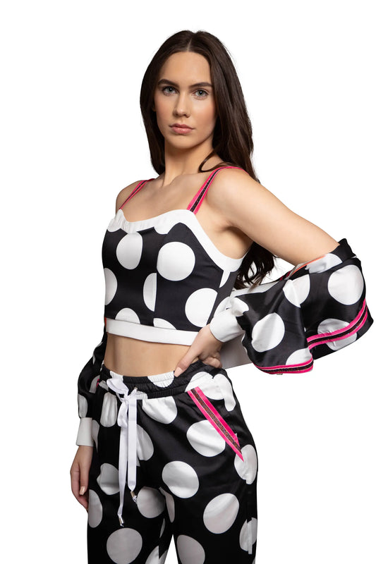 A woman wearing polka dots set