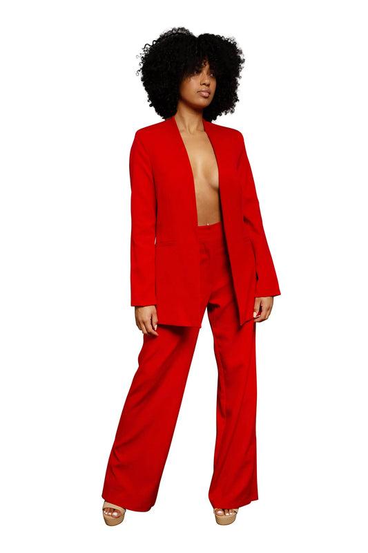 Woman with a red jacket, no buttons, full view