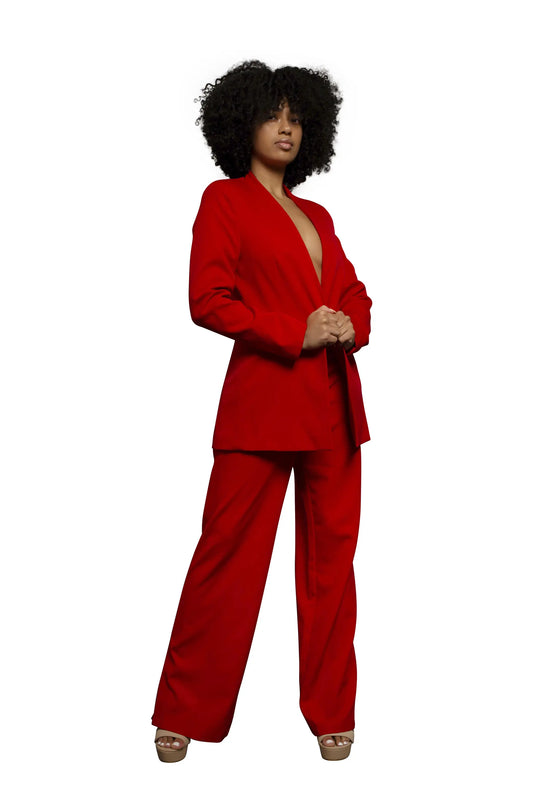 Woman with a red jacket, no buttons, full view 2