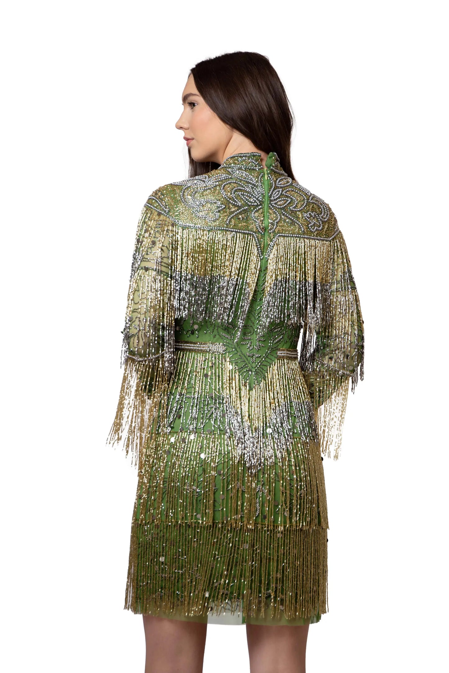 A green dress with gold accent, back view