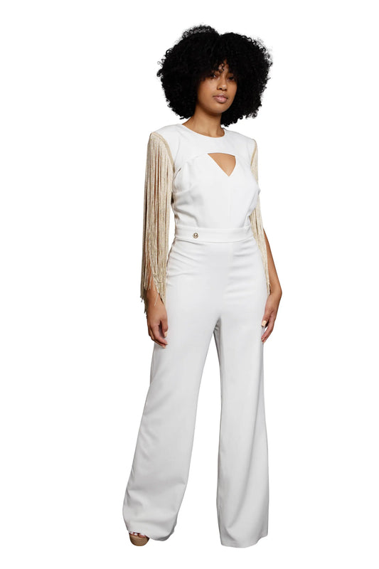 A white jumpsuit with coverup