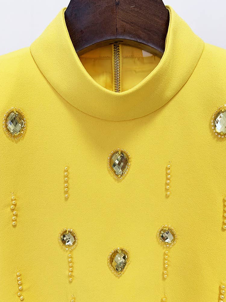 SET038 Beaded Biamond Cropped Top And skirt Suit: English / Yellow / L