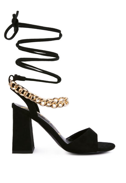 GONE GURL CHAIN DETAIL TIE UP BLOCK HEELS