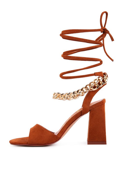 GONE GURL CHAIN DETAIL TIE UP BLOCK HEELS