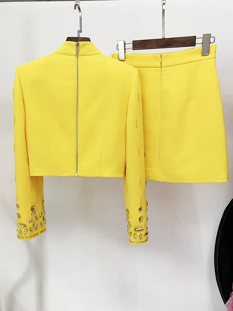 SET038 Beaded Biamond Cropped Top And skirt Suit: English / Yellow / L