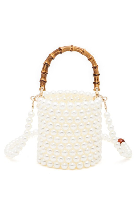 Bamboo Top Handle Beaded Bucket Clutch Bag