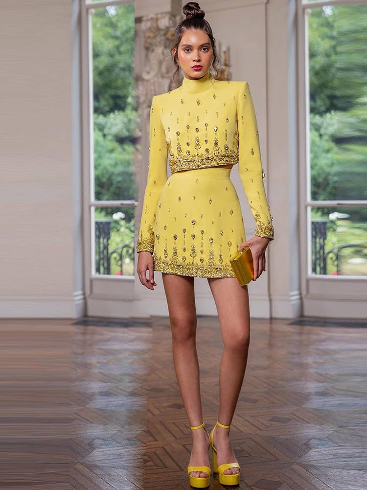 SET038 Beaded Biamond Cropped Top And skirt Suit: English / Yellow / L