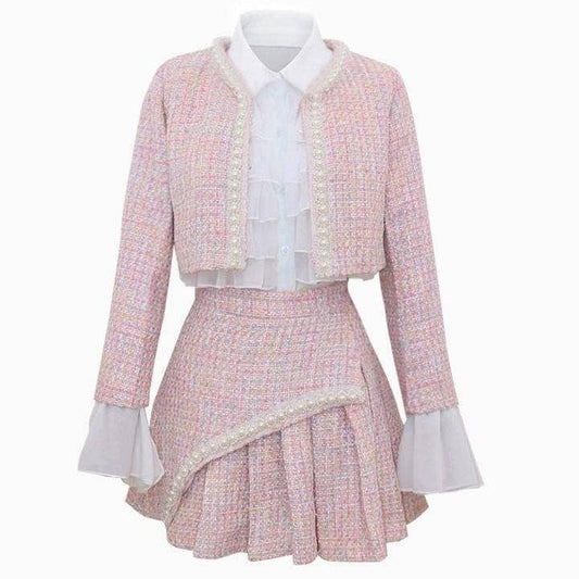 SET003 Co-ord Set Women 3 Pieces Pink Tweed Skirt Set: Pink / XL