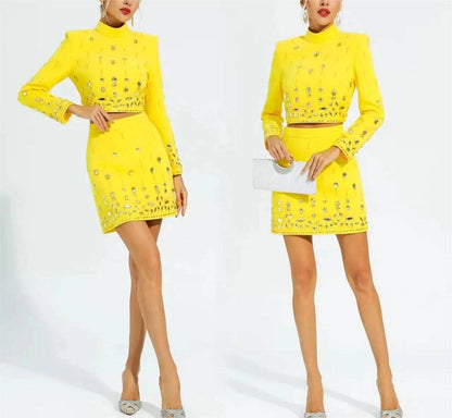 SET038 Beaded Biamond Cropped Top And skirt Suit: English / Yellow / L