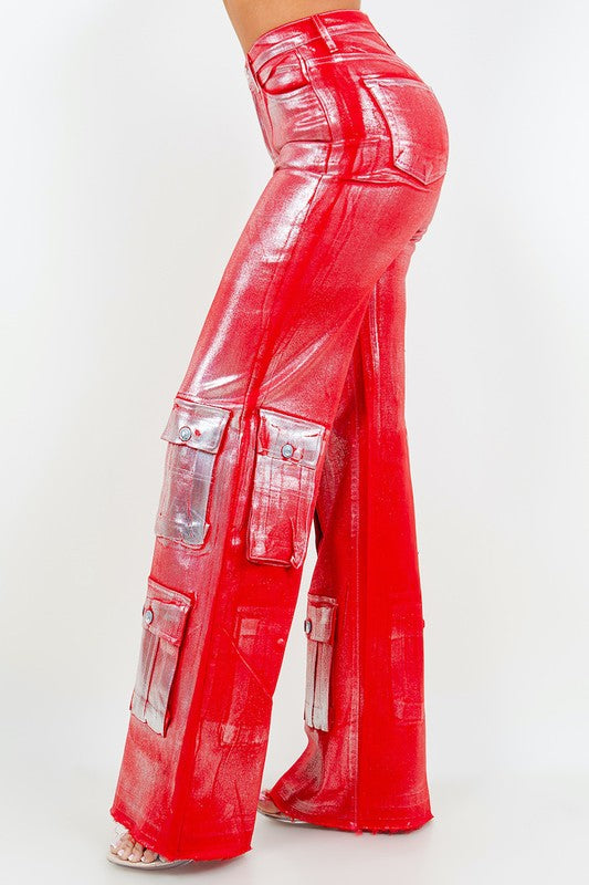Cargo Wide Leg Jean in Foil Red