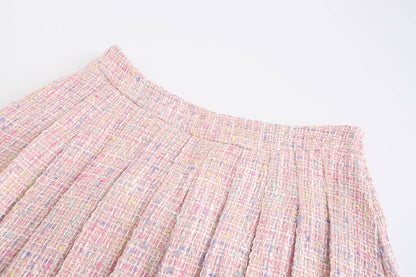 SET003 Co-ord Set Women 3 Pieces Pink Tweed Skirt Set: Pink / L