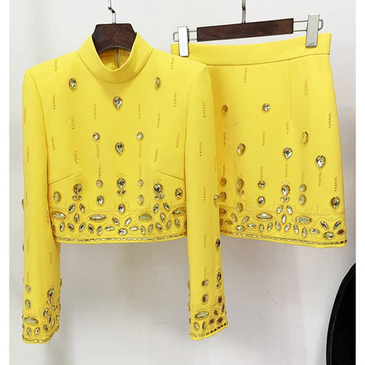SET038 Beaded Biamond Cropped Top And skirt Suit: English / Yellow / M