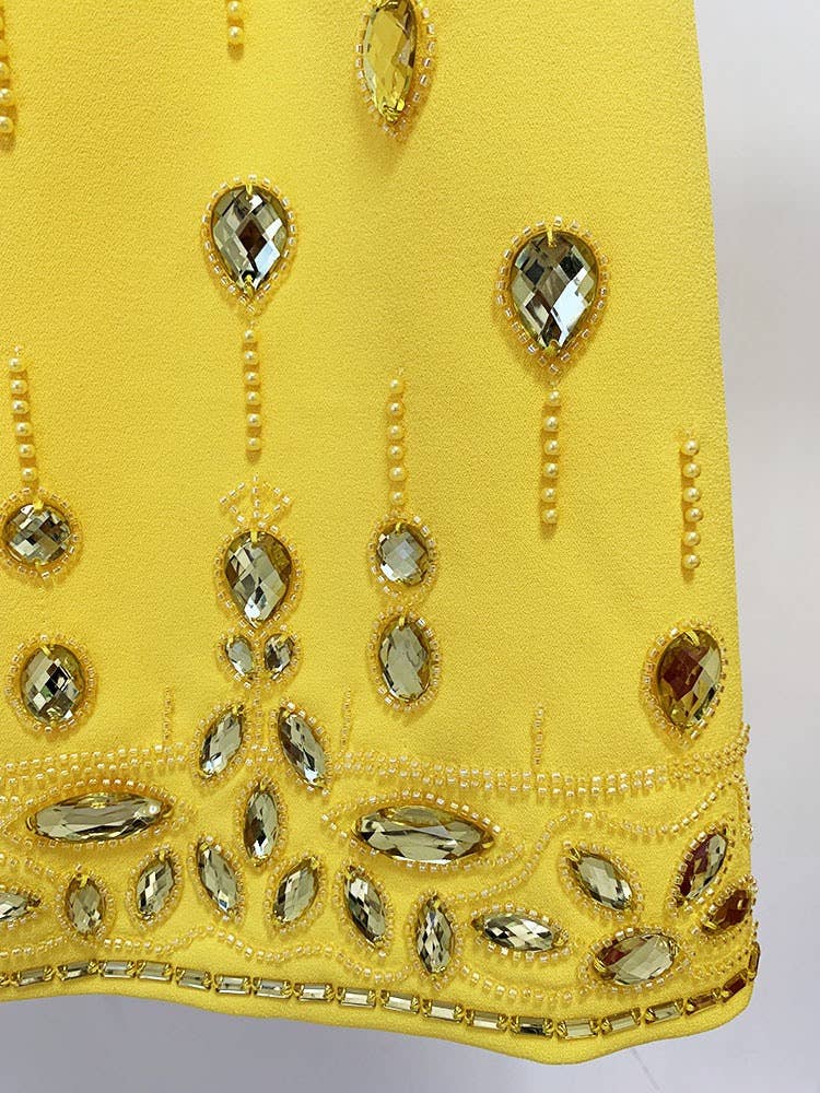 SET038 Beaded Biamond Cropped Top And skirt Suit: English / Yellow / L