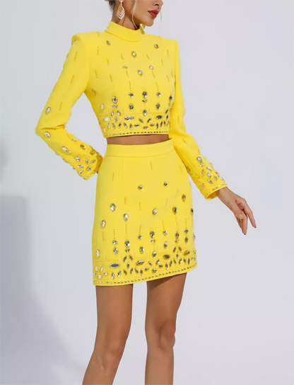 SET038 Beaded Biamond Cropped Top And skirt Suit: English / Yellow / L