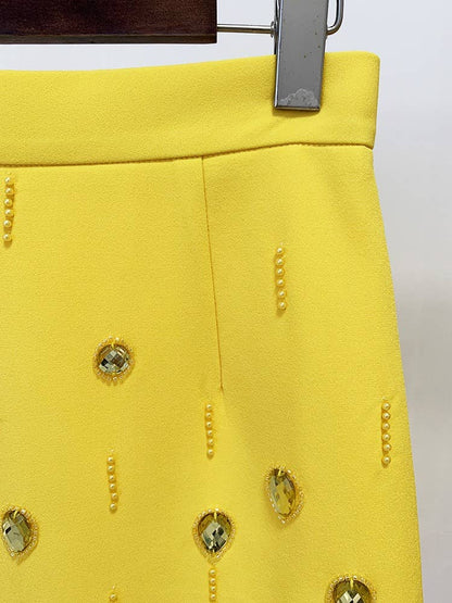 SET038 Beaded Biamond Cropped Top And skirt Suit: English / Yellow / L